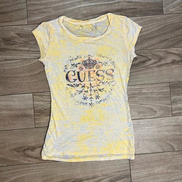 Vintage GUESS Semi-Sheer Burnout Graphic T-Shirt Women's Yellow Medium - Picture 1 of 3